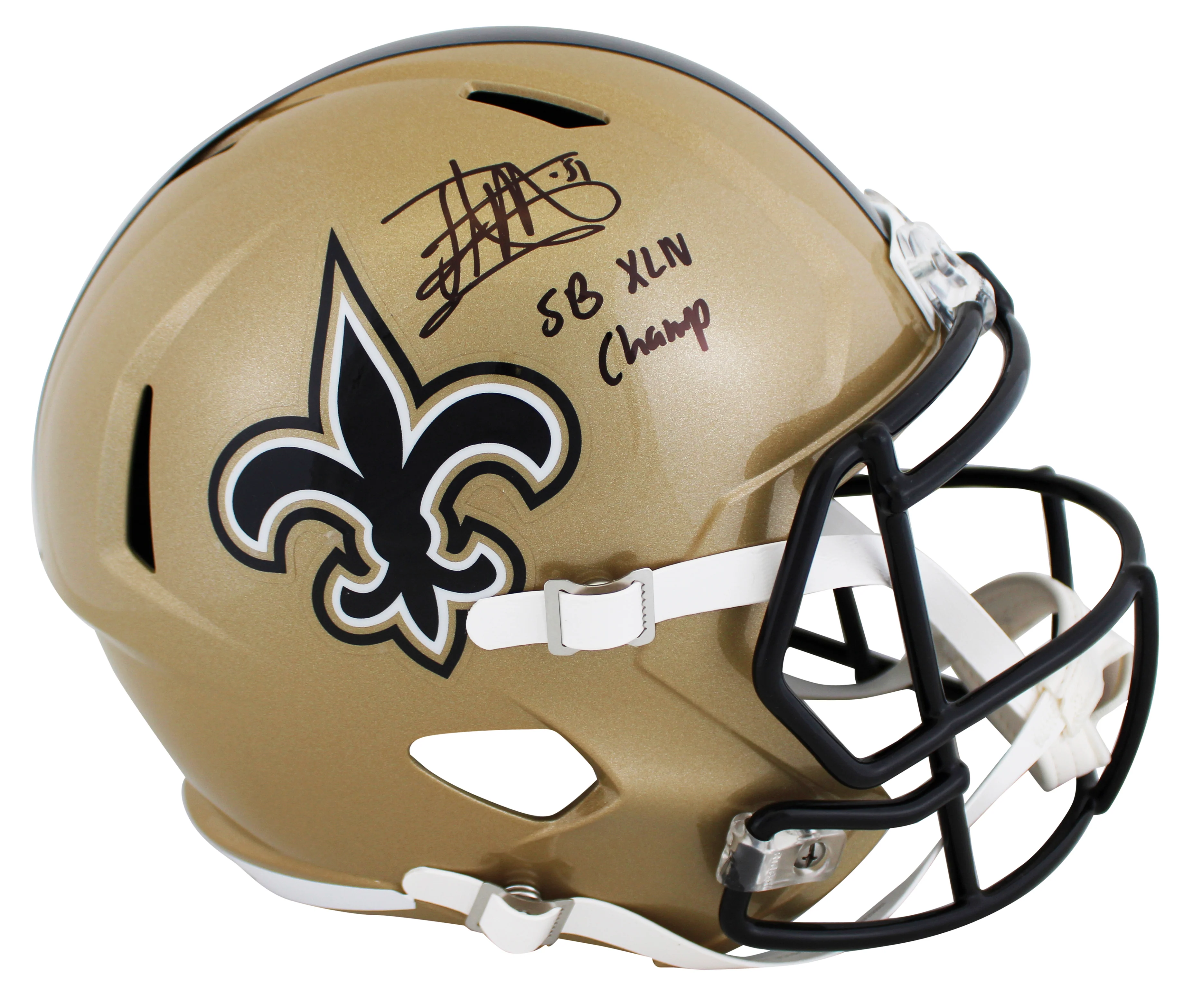 Saints Jonathan Vilma "SB XLIV Champ" Signed Full Size Speed Rep Helmet JSA Wit - Image 2