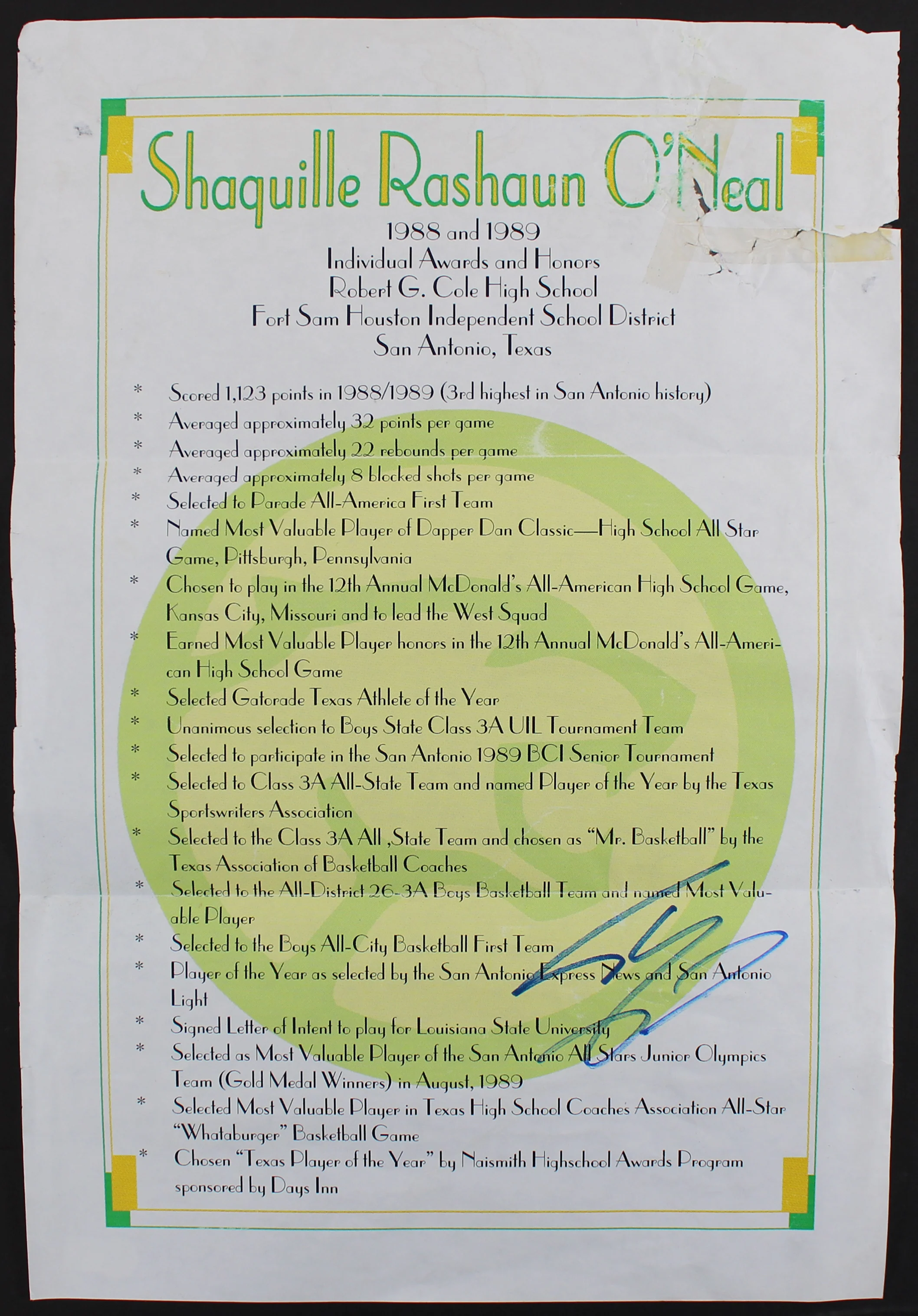 Shaquille O'Neal Signed 12x17.75 High School Awards Poster BAS Witness #WP79154