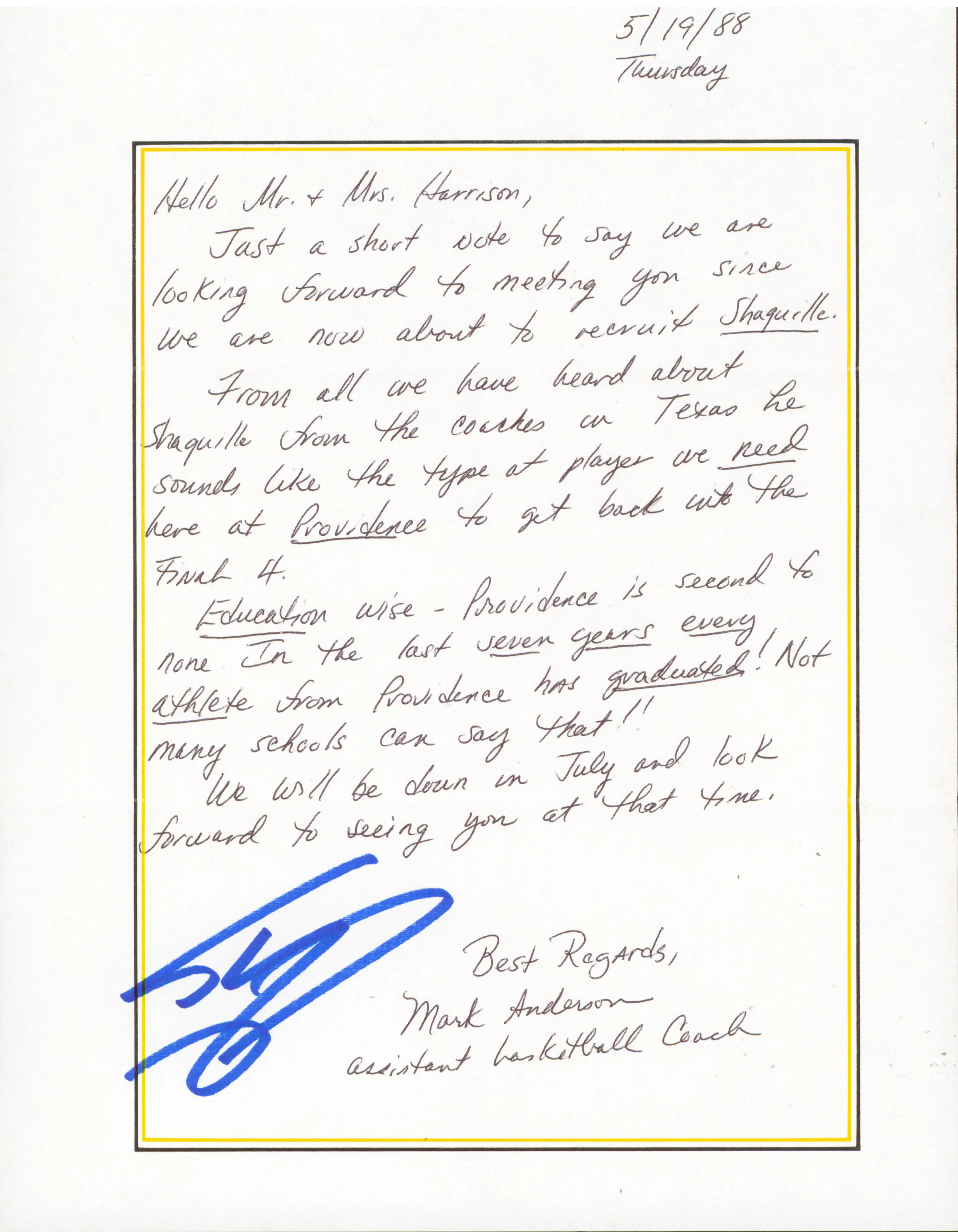 Shaquille O'Neal Signed 1988 Providence Handwritten Recruitment Letter BAS - Image 2