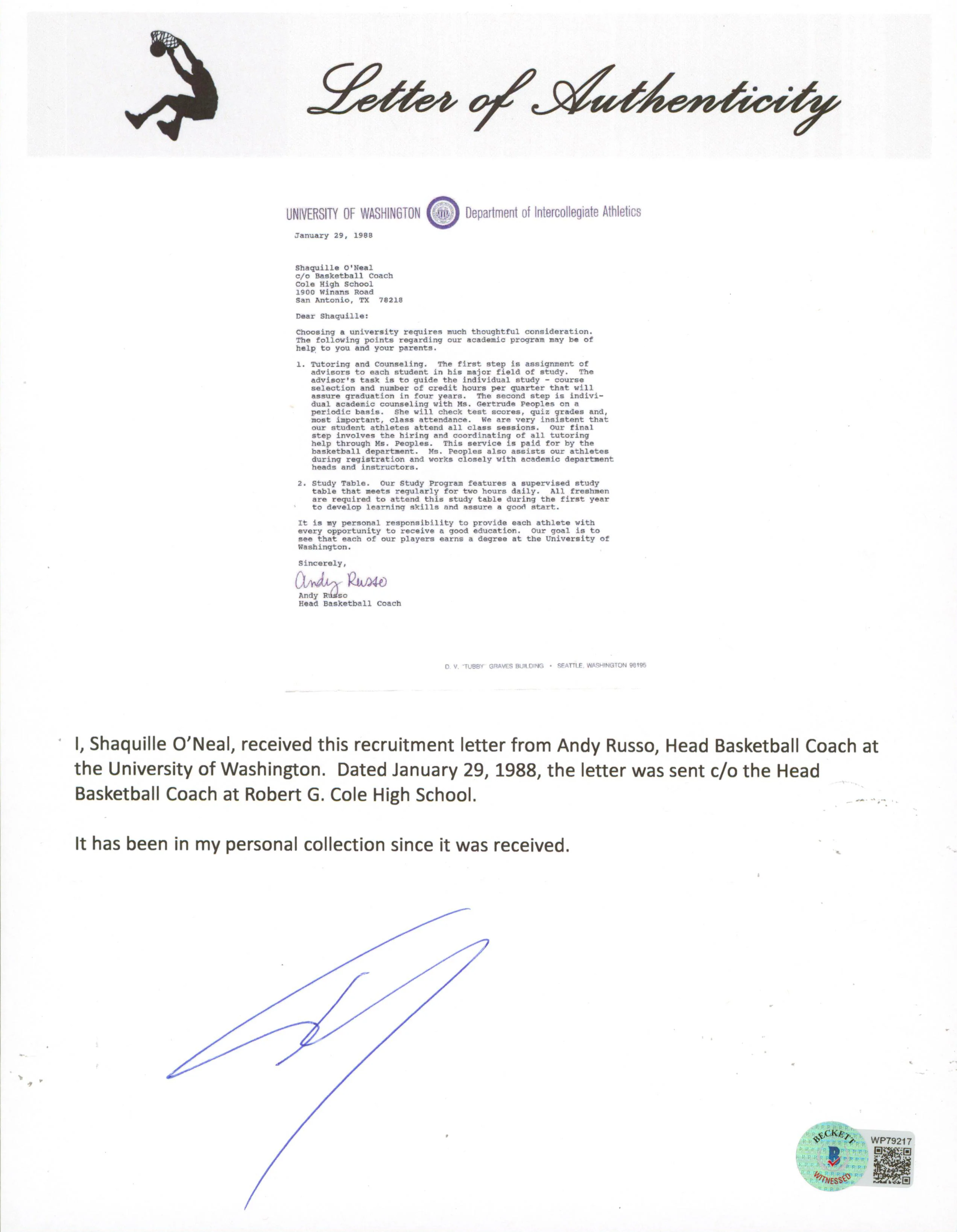 Shaquille O'Neal Signed 1988 University of Washington Recruitment Letter BAS - Image 4