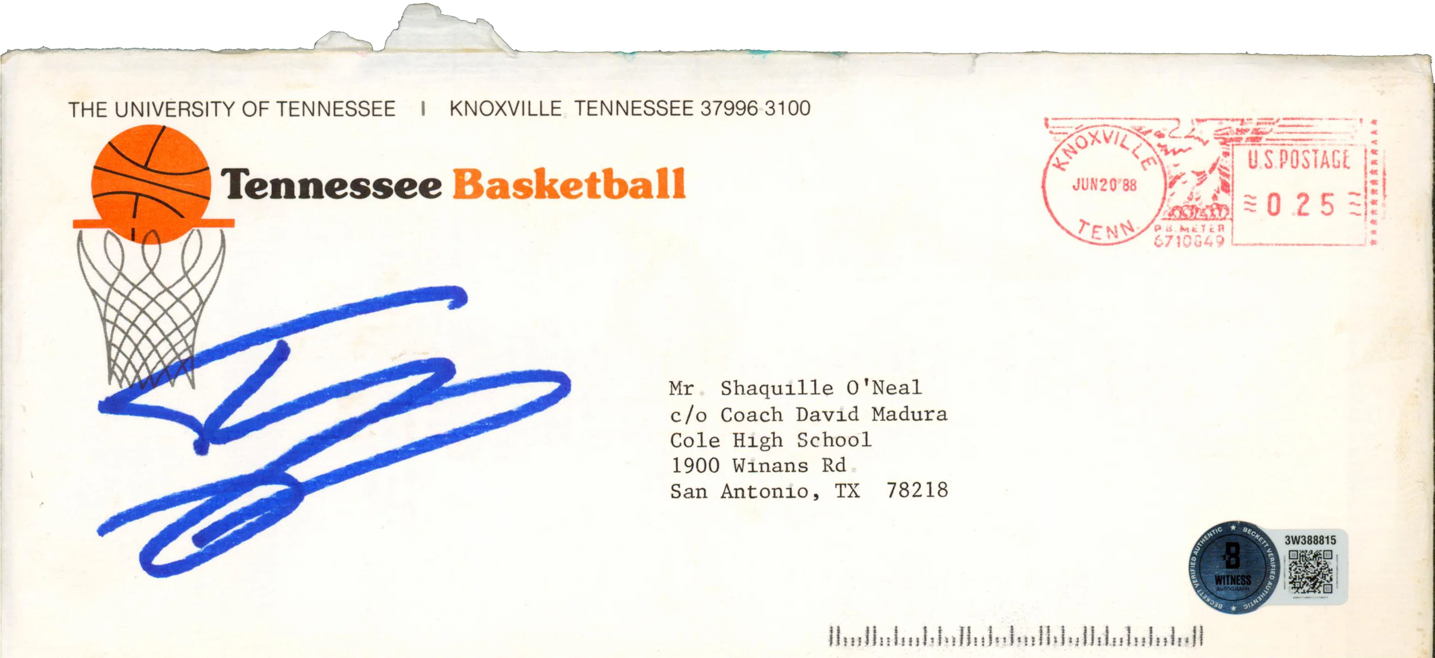 Shaquille O'Neal Signed 4x9.5 University of Tennessee Recruitment Envelope BAS W - Image 2