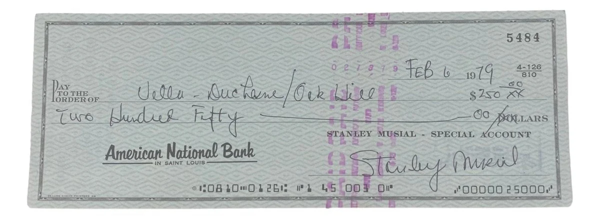 Stan Musial St. Louis Cardinals Signed Bank Check #5484 BAS