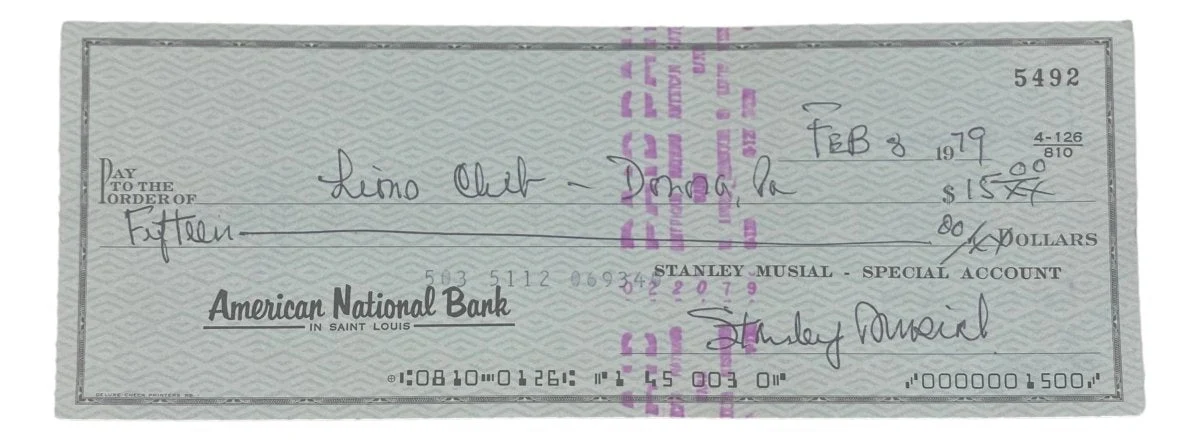 Stan Musial St. Louis Cardinals Signed Bank Check #5492 BAS