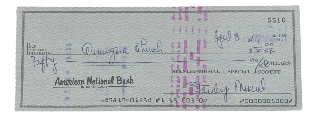 Stan Musial St. Louis Cardinals Signed Bank Check #5516 BAS