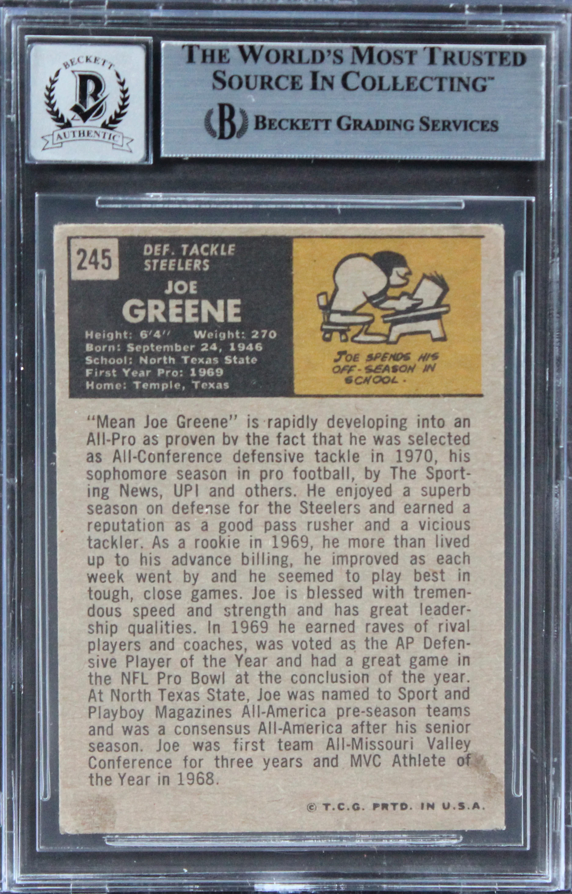 Steelers Joe Greene Authentic Signed 1971 Topps #245 Card Auto 10 BAS Slab 13 - Image 3