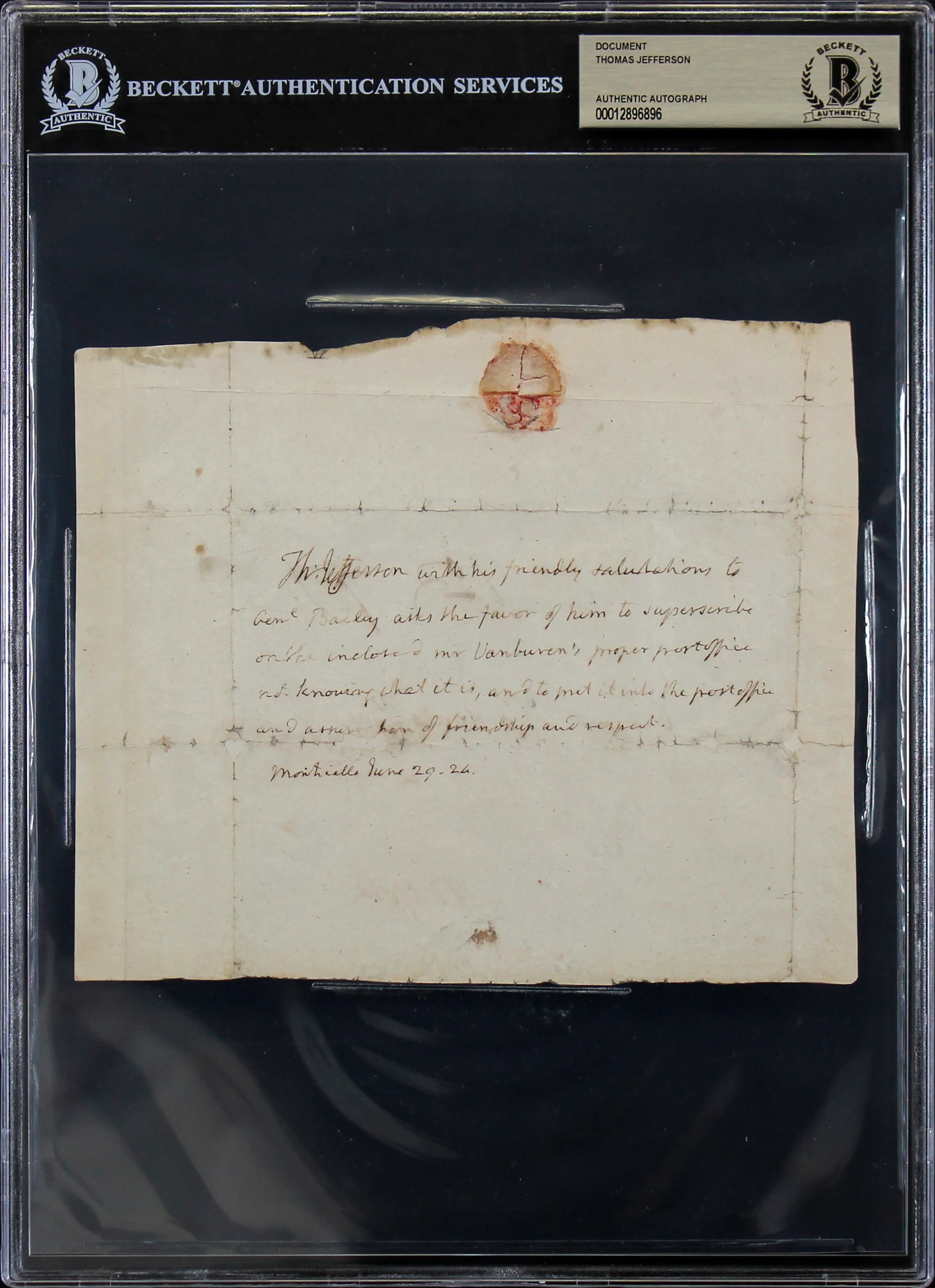 Thomas Jefferson Authentic Signed 6.25x7.5 1824 Handwritten Envelope BAS Slabbed - Image 2