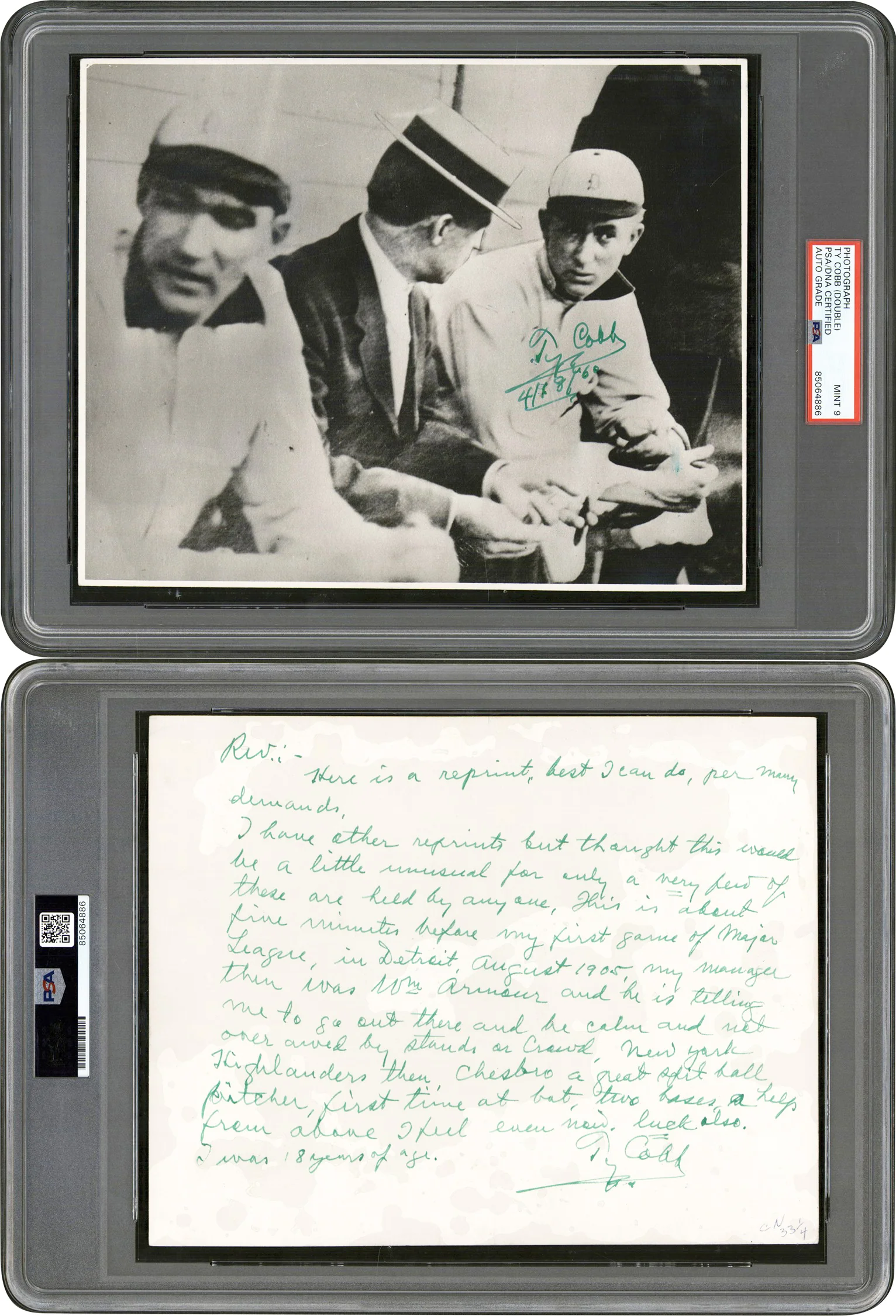 Tigers Ty Cobb Authentic Signed 1905 MLB Debut Photo Auto 9! PSA/DNA Slabbed - Image 2