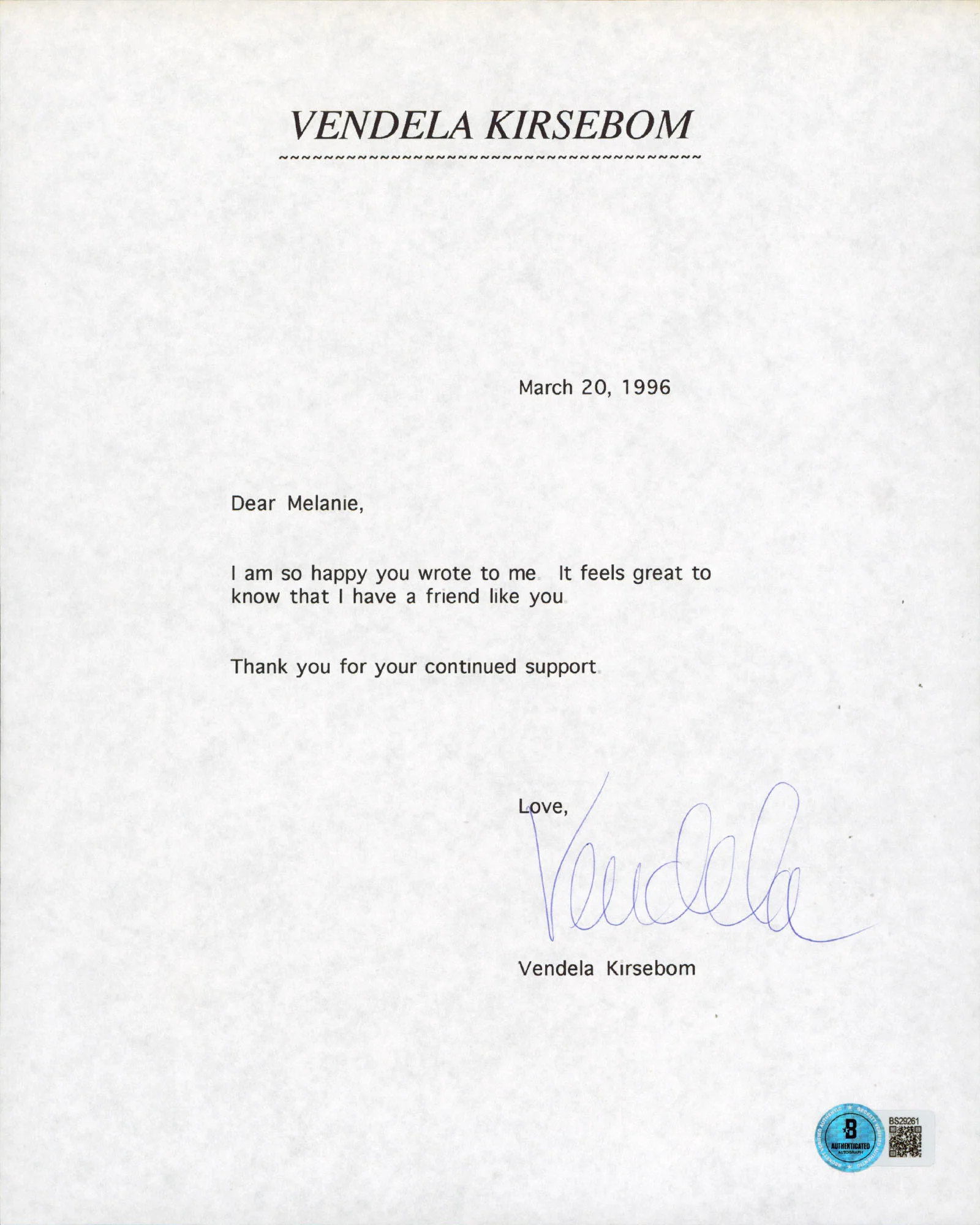 Vendela Kirsebom Supermodel Authentic Signed 8.5x11 Letter BAS #BS29261
