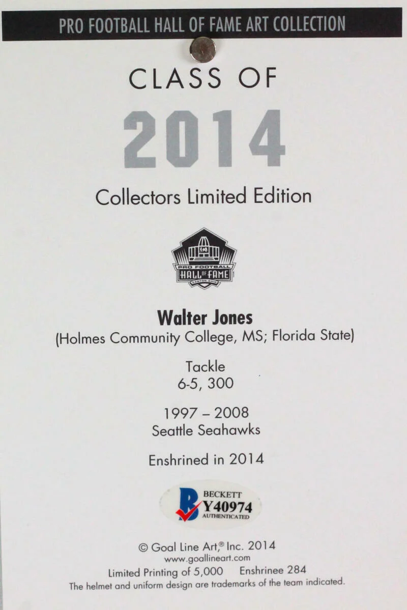 Walter Jones Signed Philadelphia Eagles Goal Line Art Card w/ HOF- Beckett *Blue - Image 3