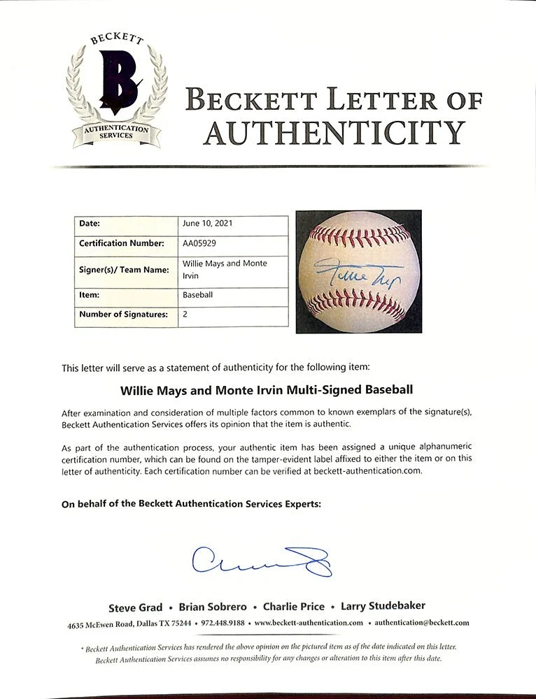 Willie Mays Monte Irvin Dual Signed Giants Baseball BAS LOA AA05929 - Image 4