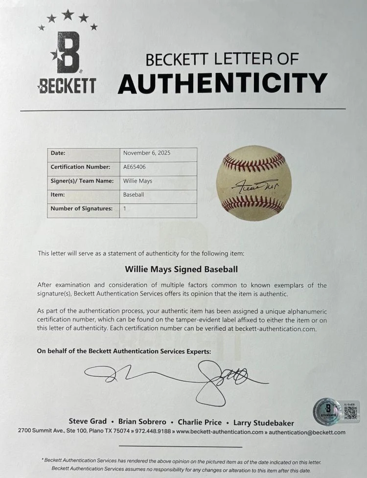 Willie Mays San Francisco Giants Signed Official NL Baseball BAS AE65406 - Image 3