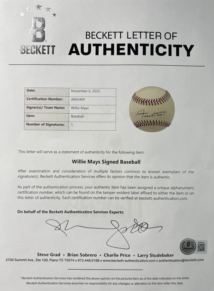 Willie Mays San Francisco Giants Signed Official NL Baseball BAS AE65409 - Image 3