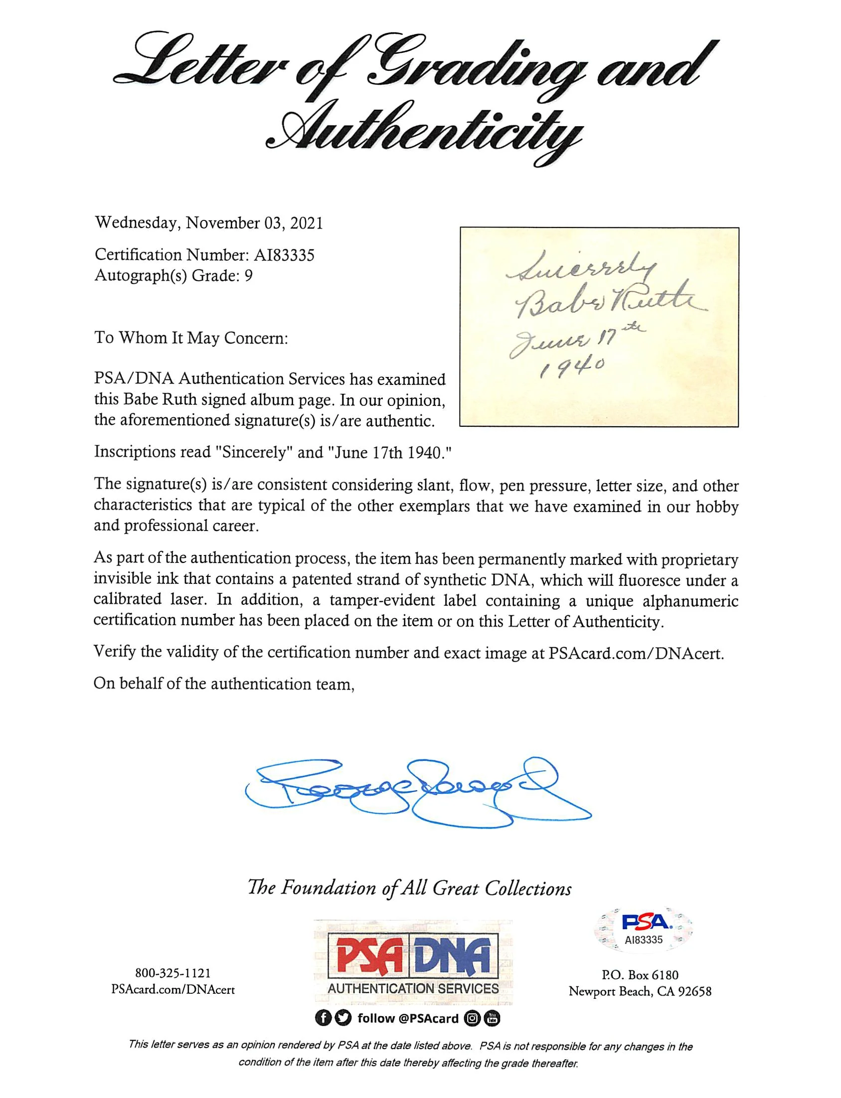 Yankees Babe Ruth "Sincerely" Signed & Framed 3x4.25 Cut Sig Auto 9! PSA & JSA - Image 5